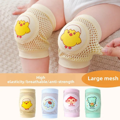 Baby knee pads with cartoon designs on a child's legs, showing high elasticity and large mesh.